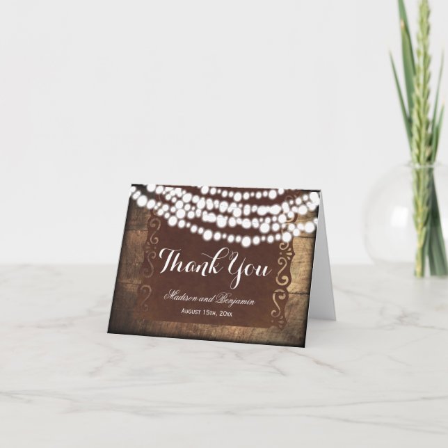 Tarjeta De Agradecimiento Rustic String Lights Boda Gracias Cartas (Anverso)