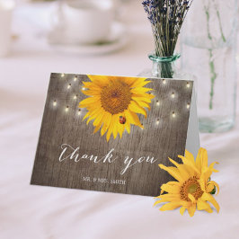 Tarjeta De Agradecimiento Rustic String Lights & Sunflower Boda Gracias