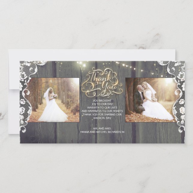 Tarjeta De Agradecimiento Rustic String Lights Wood Lace Boda Gracias (Anverso)