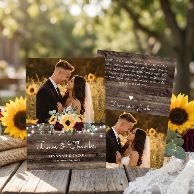 Tarjeta De Agradecimiento Rustic Sunflower Roses Wedding (Subido por el creador)