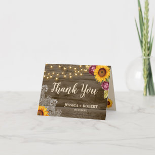 Tarjeta De Agradecimiento Rustic Sunflower String Lights Boda Gracias C