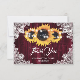 Tarjeta De Agradecimiento Rustic Sunflower Wood Floral Lace Burgundy Wedding