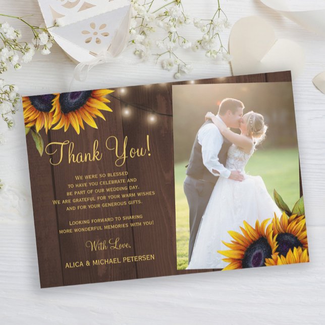 Tarjeta De Agradecimiento Rustic sunflowers barn wood photo wedding (Subido por el creador)