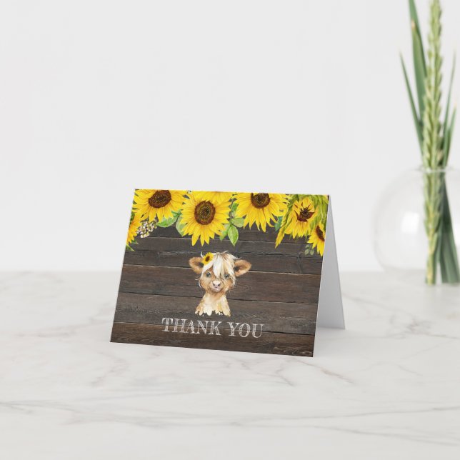 Tarjeta De Agradecimiento Rustic Sunflowers Highland Cow Baby Shower (Anverso)