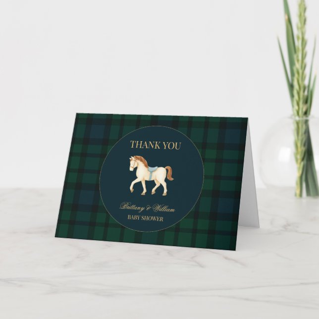 Tarjeta De Agradecimiento Rustic Tartan Plaid Horse Baby Shower  (Anverso)