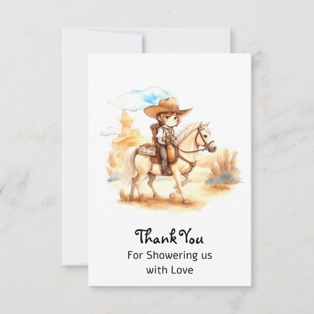 Tarjeta De Agradecimiento Rustic Watercolor Western Cowboy Baby Shower (Anverso)
