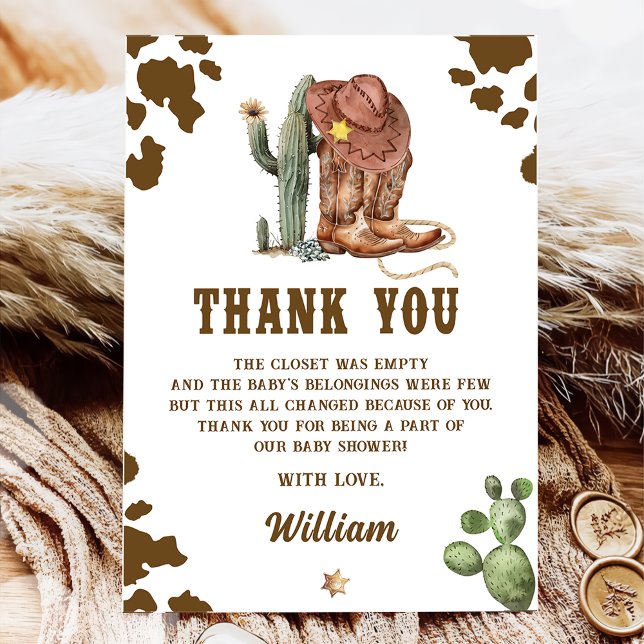 Tarjeta De Agradecimiento Rustic Western Little Cowboy Baby Shower Gracias (Subido por el creador)