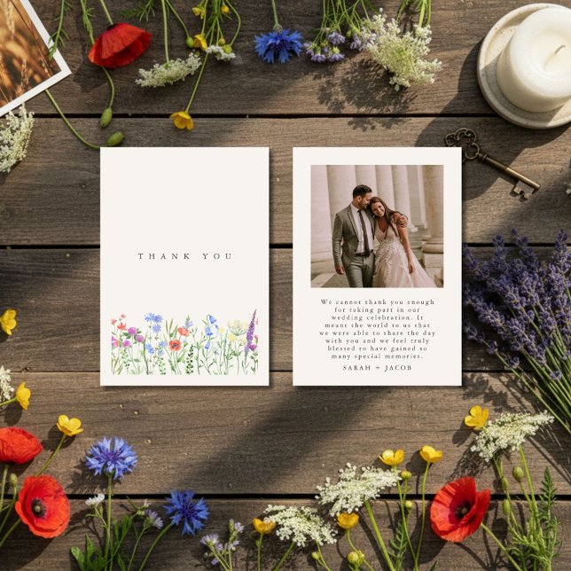 Tarjeta De Agradecimiento Rustic Wildflower Meadow Wedding Photo (Rustic Wildflower Meadow Wedding Photo Thank You Card)