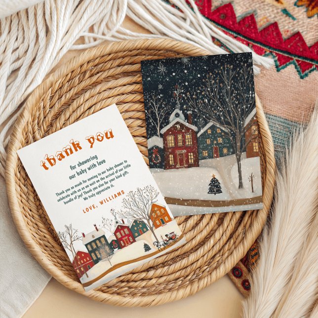Tarjeta De Agradecimiento Rustic Winter Baby Shower Snow Village (Subido por el creador)