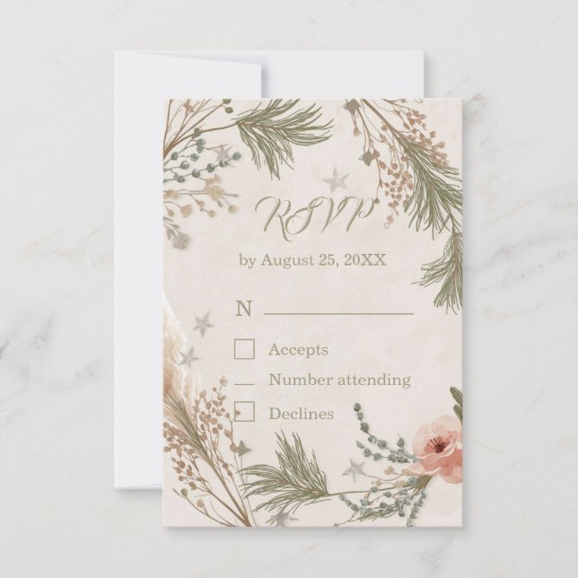 Tarjeta De Agradecimiento Rustic Winter Boho RSVP Card with Pine Branches (Anverso)