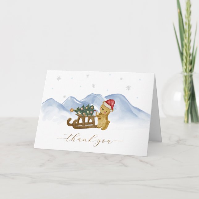 Tarjeta De Agradecimiento Rustic Winter Mountain Sleigh Bear Baby Shower  (Anverso)