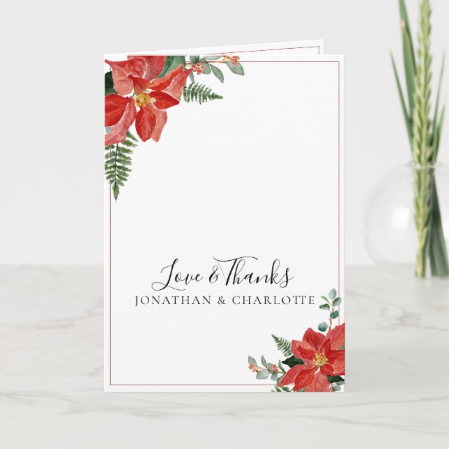 Tarjeta De Agradecimiento Rustic Winter Poinsettia Red Christmas Wedding (Anverso)