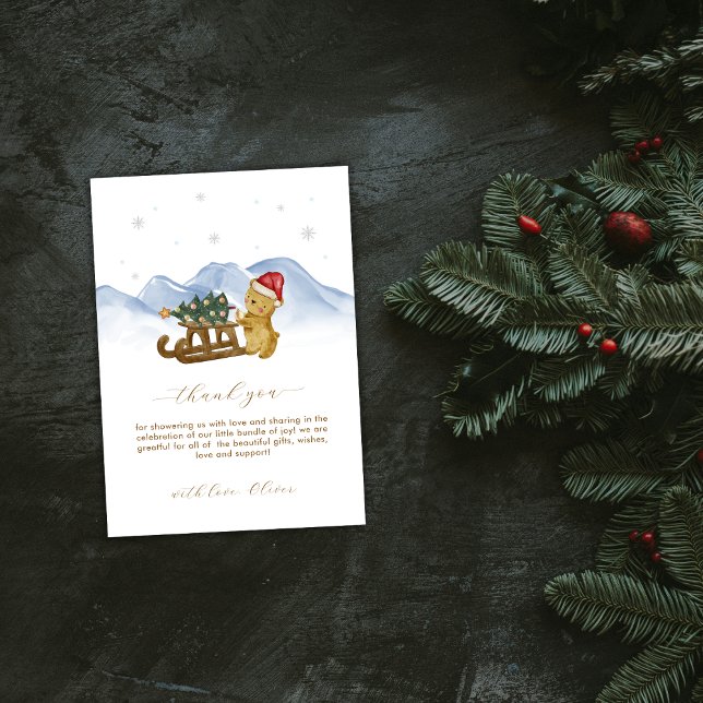 Tarjeta De Agradecimiento Rustic Winter Snow Sleigh Bear Baby Shower  (Rustic Winter Snow Sleigh Bear Baby Shower Thank You Card)