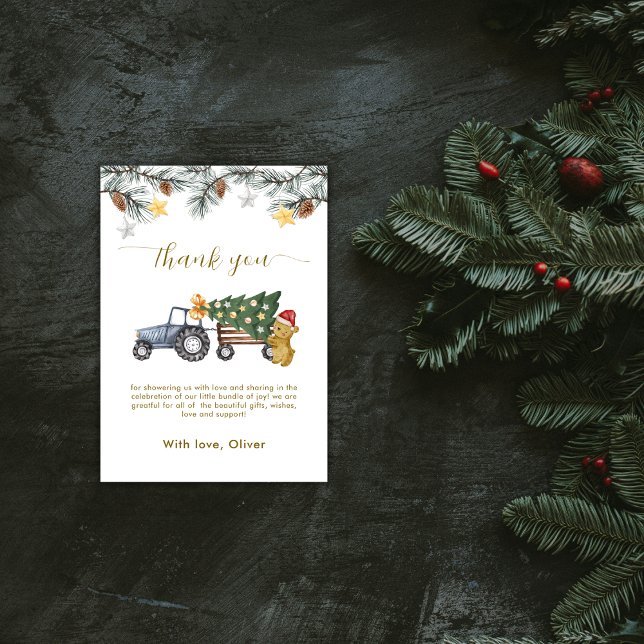Tarjeta De Agradecimiento Rustic Winter X'mas Tree Tractor Bear Baby Shower  (Rustic Winter X'mas Tree Tractor Bear Baby Shower Thank You Card)