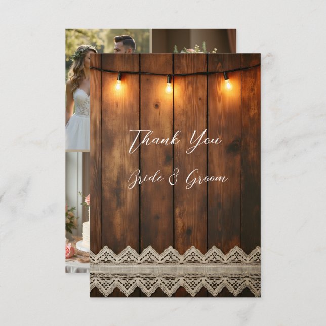 Tarjeta De Agradecimiento Rustic Wood and Lace Photo Thank you Card (Anverso / Reverso)