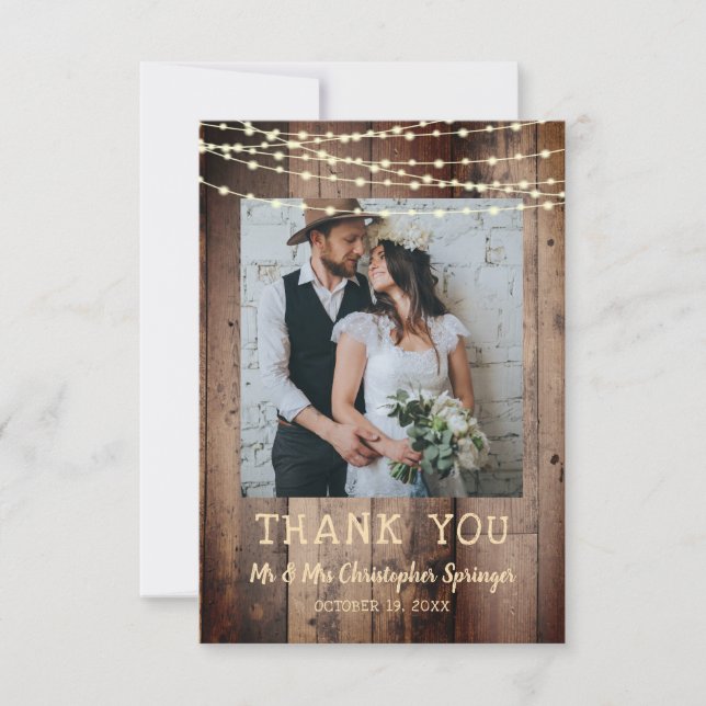 Tarjeta De Agradecimiento Rustic Wood Fairy String Lights Photo Boda (Anverso)