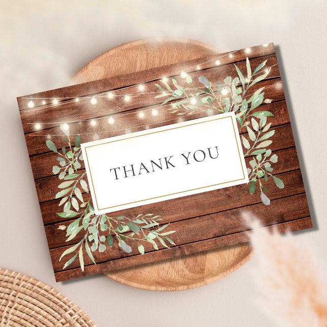 Tarjeta De Agradecimiento Rustic Wood Greenery String Lights Thank You (Subido por el creador)
