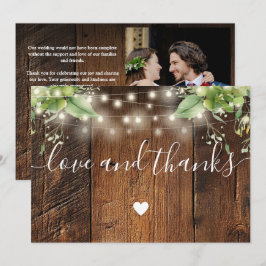 Tarjeta De Agradecimiento Rustic Wood Greenery String Lights Wedding Photo