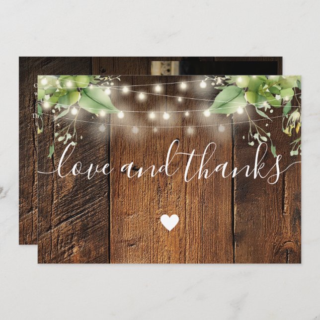 Tarjeta De Agradecimiento Rustic Wood Greenery String Lights Wedding Photo (Anverso / Reverso)