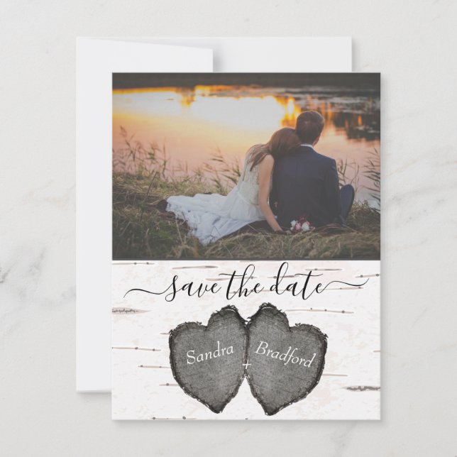 Tarjeta De Agradecimiento Rustic Wood Hearts Aspen photo Save the Date (Anverso)