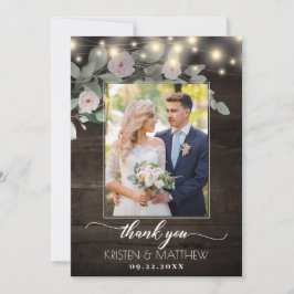 Tarjeta De Agradecimiento Rustic Wood ilumina a Boho Greenery Photo Boda