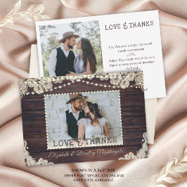 Tarjeta De Agradecimiento Rustic Wood Ivory Lace enciende 2 fotos Boda