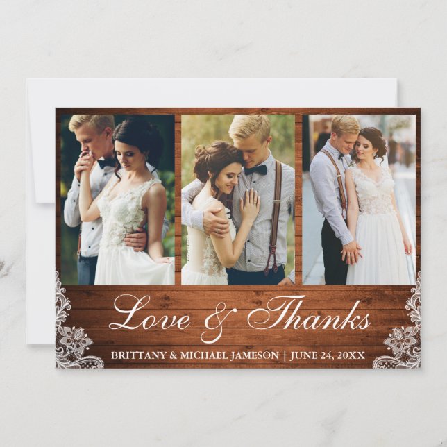 Tarjeta De Agradecimiento Rustic Wood Lace 3 Foto Amor y Gracias (Anverso)