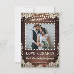 Tarjeta De Agradecimiento Rustic Wood Lace String Lights Boda Gracias