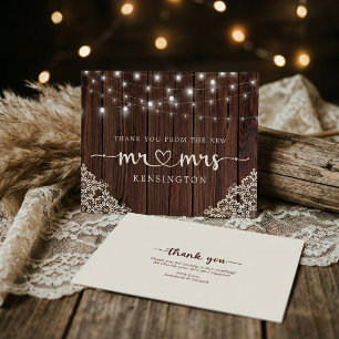 Tarjeta De Agradecimiento Rustic Wood Lights Lace Nuevo Sr. Mrs. Gracias Pos