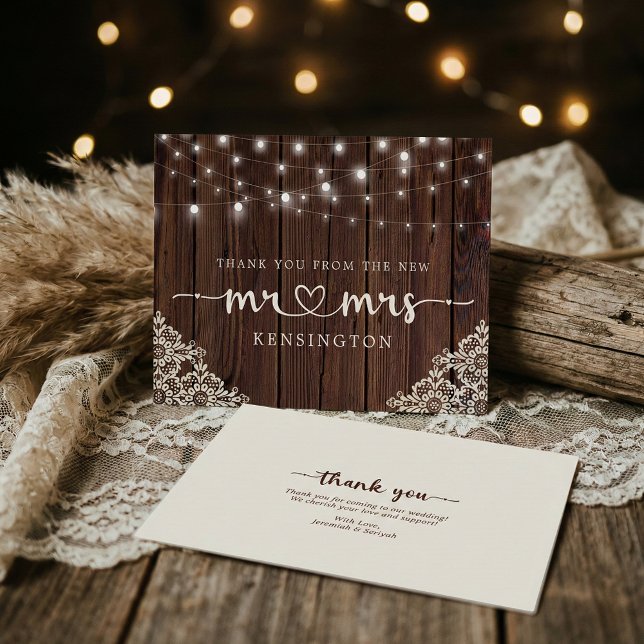 Tarjeta De Agradecimiento Rustic Wood Lights Lace Nuevo Sr. Mrs. Gracias Pos (Subido por el creador)