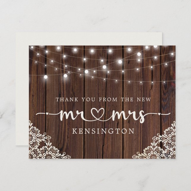 Tarjeta De Agradecimiento Rustic Wood Lights Lace Nuevo Sr. Mrs. Gracias Pos (Anverso / Reverso)
