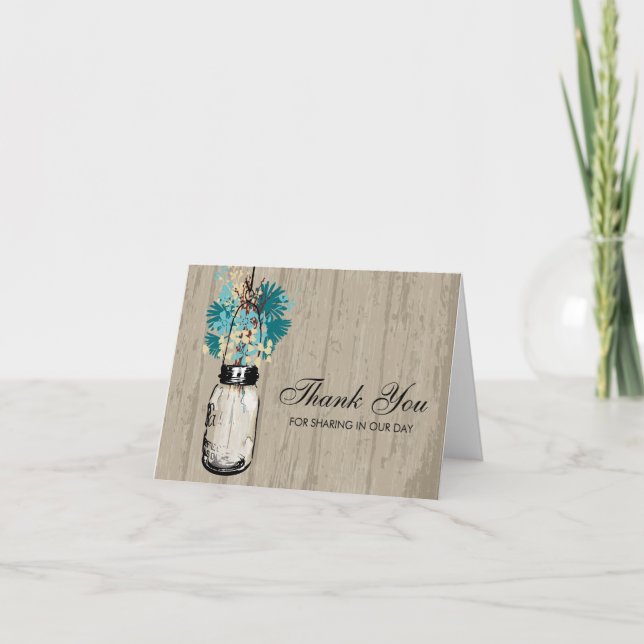 Tarjeta De Agradecimiento Rustic Wood Mason Jar lleno de flores silvestres (Anverso)