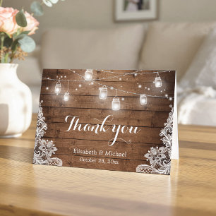 Tarjeta De Agradecimiento Rustic Wood Mason Jars Lughts Lace