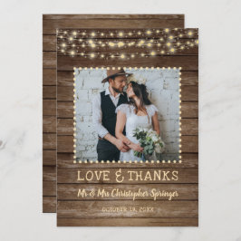 Tarjeta De Agradecimiento Rustic Wood String Lights Boda Gracias