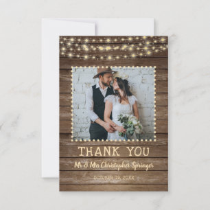 Tarjeta De Agradecimiento Rustic Wood String Lights Boda Gracias