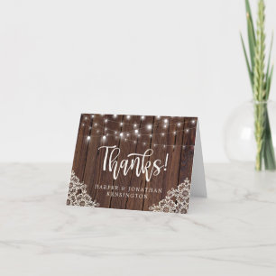 Tarjeta De Agradecimiento Rustic Wood String Lights Lace Gracias