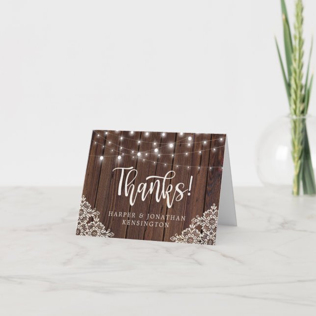 Tarjeta De Agradecimiento Rustic Wood String Lights Lace Gracias (Anverso)