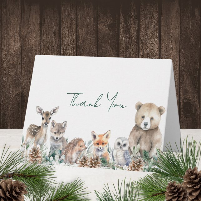 Tarjeta De Agradecimiento Rustic Woodland Animals Winter Baby Shower (This cute woodland animals baby shower thank you card features winter greenery.)