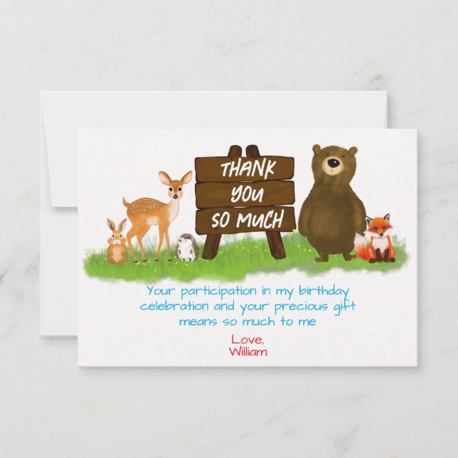 Tarjeta De Agradecimiento Rustic Woodland Forest Animals Birthday  (Anverso)