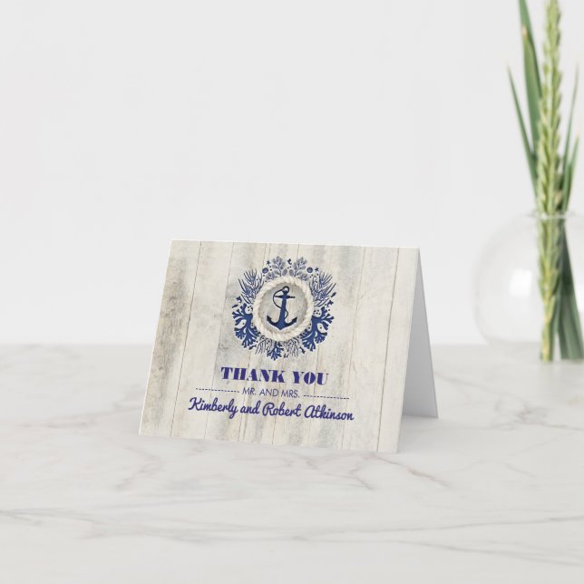 Tarjeta De Agradecimiento Rústica Boda Náutica en Playa Gracias (Anverso)