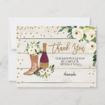 Tarjeta de agradecimiento rústica Boots and Bubbly