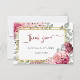 Tarjeta De Agradecimiento Rústica Borgoña Marsala y Boda floral rosa