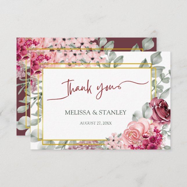 Tarjeta De Agradecimiento Rústica Borgoña Marsala y Boda floral rosa (Anverso / Reverso)