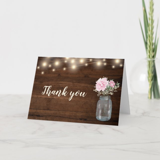 Tarjeta De Agradecimiento Rústica Cadena De Madera Luz Mason Jar Floral (Anverso)