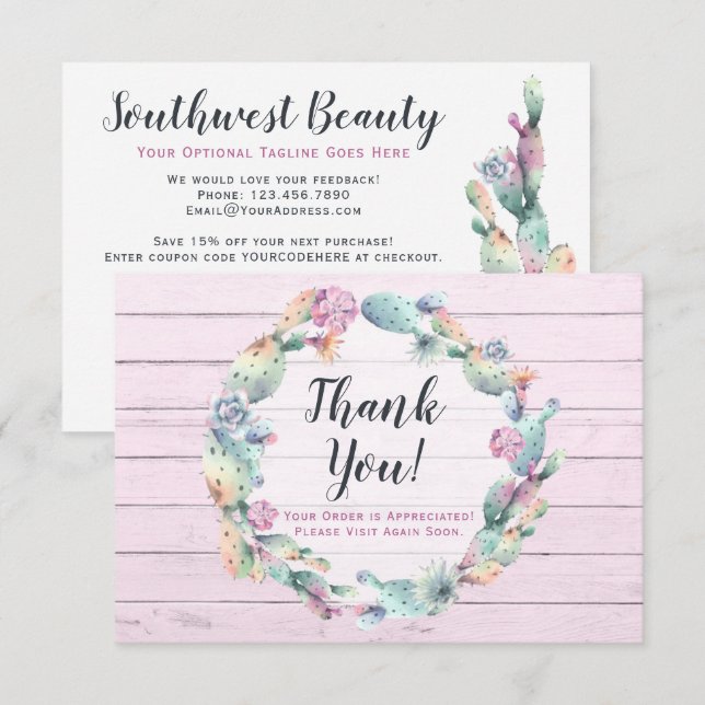 Tarjeta de agradecimiento rústica de cactus sucule (Anverso / Reverso)