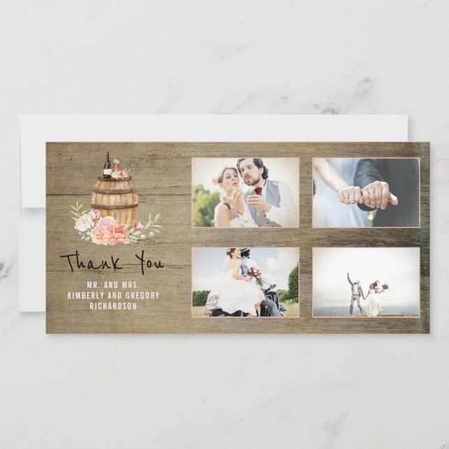 Tarjeta De Agradecimiento Rústica De Los Vinos Florales Rosa Gracias Boda (Anverso)