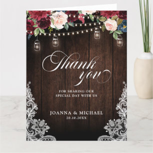 Tarjeta De Agradecimiento Rústica floral borgoña Mason Jar Boda Gracias