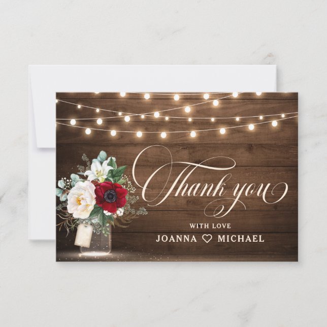 Tarjeta De Agradecimiento Rústica floral borgoña Mason Jar Boda Gracias (Anverso)
