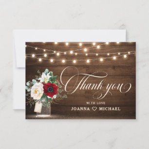 Tarjeta De Agradecimiento Rústica floral borgoña Mason Jar Boda Gracias