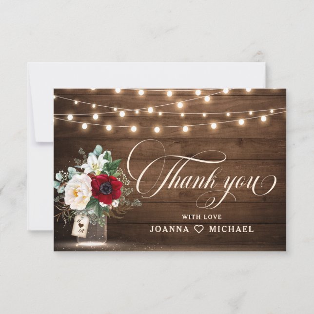 Tarjeta De Agradecimiento Rústica floral borgoña Mason Jar Boda Gracias (Anverso)